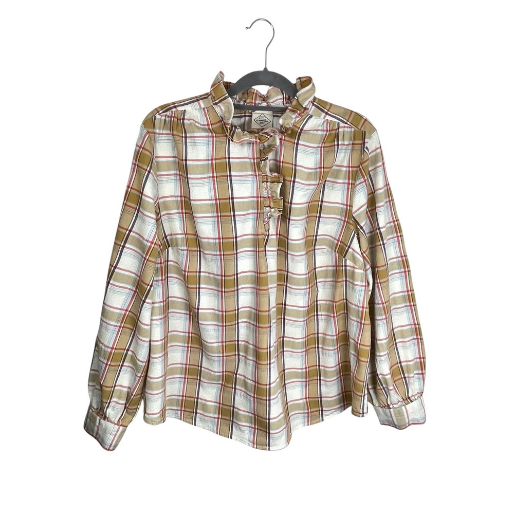 St Johns Bay Womens 1X Plaid Ruffle Neck Blouse Tan Red Dobby Cotton Top